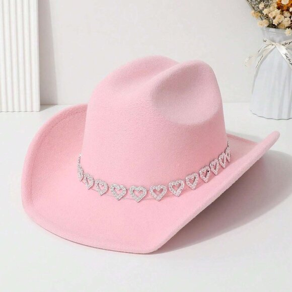 Light Pink Cowgirl Cowboy Hat Rhinestone Heart Band Rodeo Western Country - Picture 1 of 3